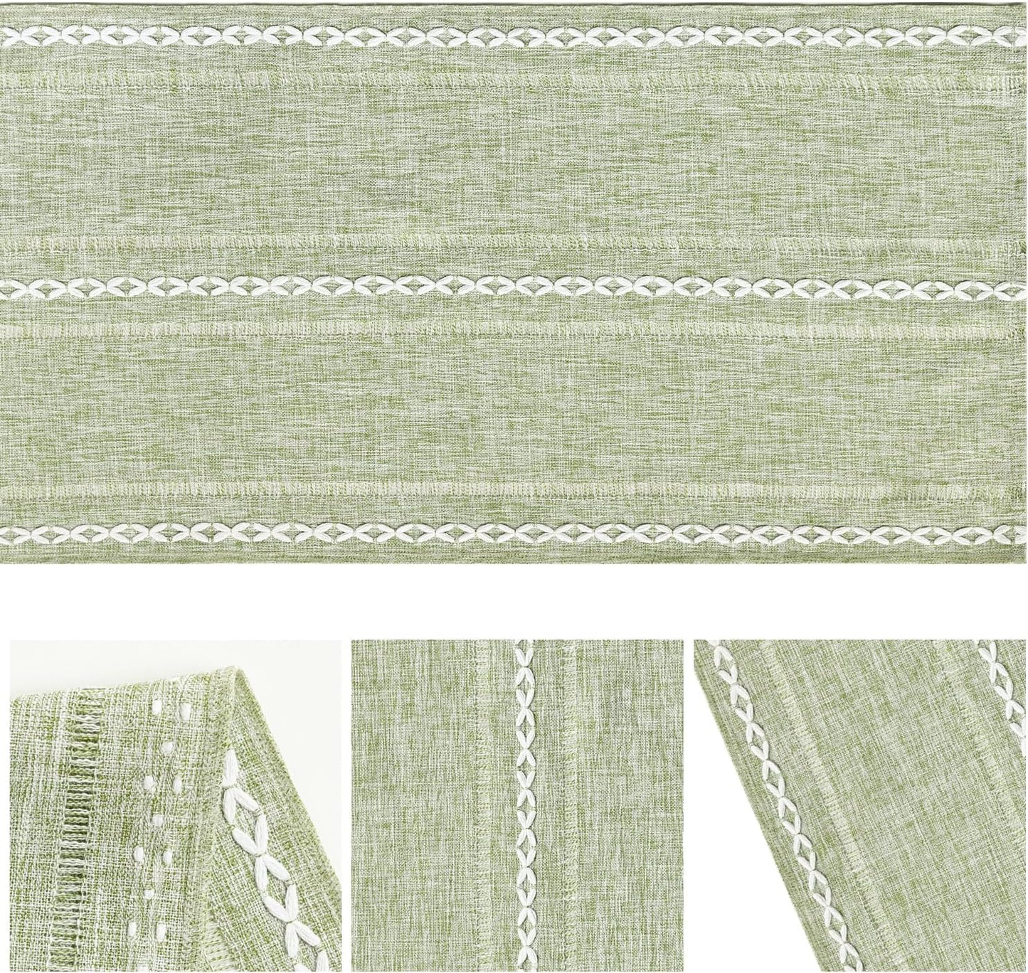 Artoid Mode Sage Green Rustic Cotton Linen Table Runner, Seasonal Embroidered Hollow Kitchen Dining Table Decoration for Home Party Decor 13x90 Inch