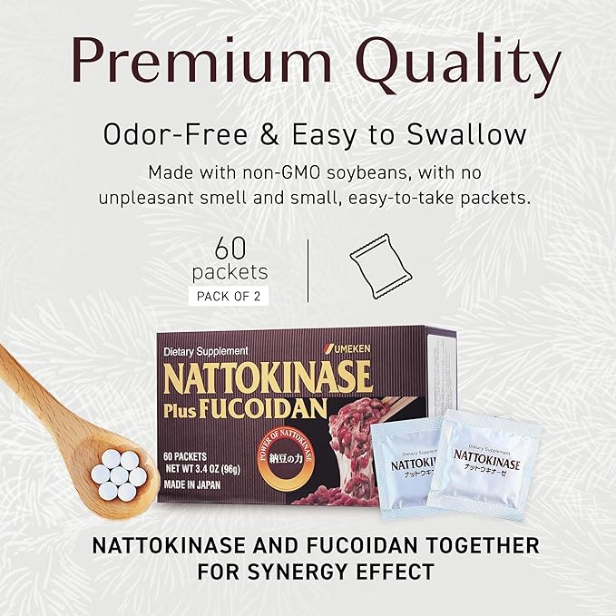 Nattokinase Plus Fucoidan for Circulatory Support, 2500FU Natto, Blood Circulation Supplements, Odor Free & Easy to Take Nattokinase Supplement, Okinawan Fucoidan, 60 Count, Pack of 2