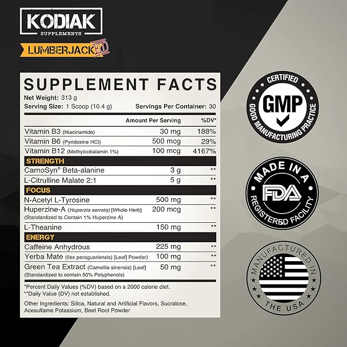 LUMBERJACKED Pre Workout Supplement with CarnoSyn 30 Servings - Better Pumps, Strength, Energy, and Focus - No Crash (Pink Lemonade)