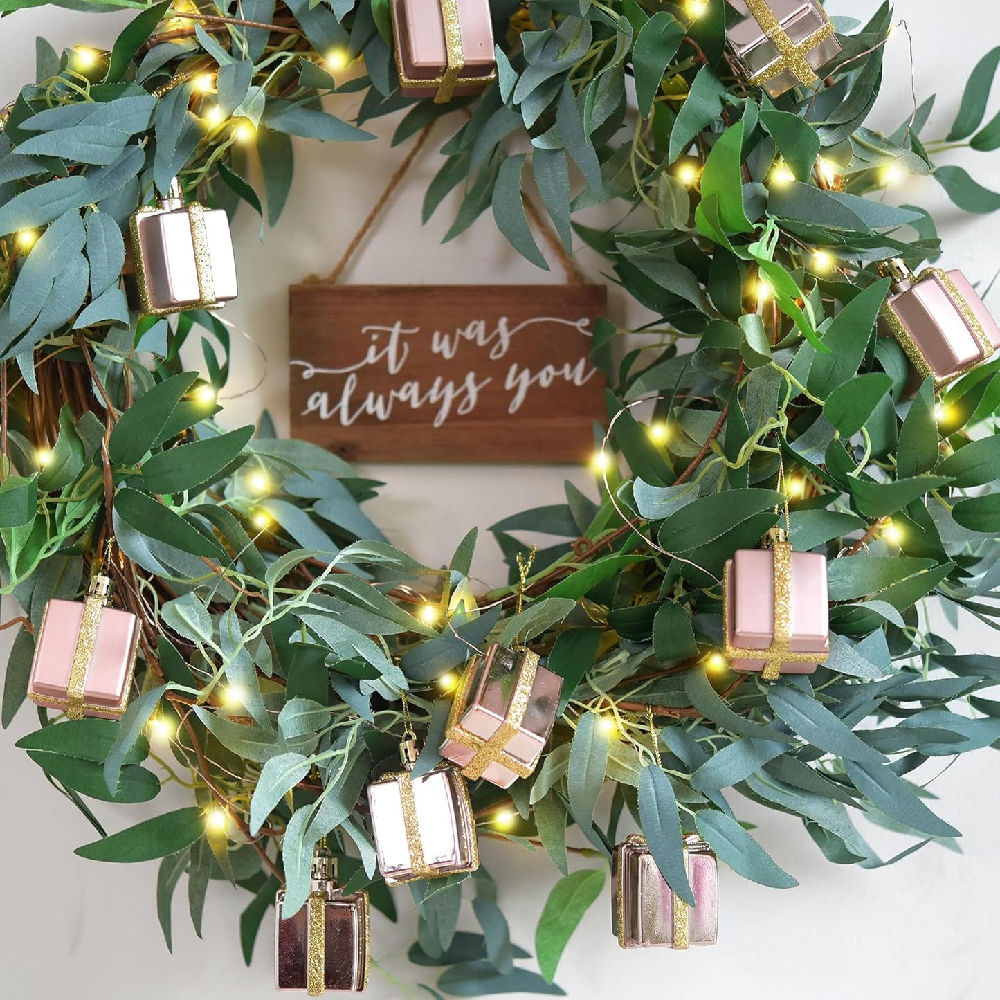 Artificial Willow Garland with Battery String Lights & Pink Gift Box Ornaments – 2-Pack Lighted Greenery Vine, with Remote for Mantels, Weddings, Fireplace, Holidays, Parties & Everyday Home Decor