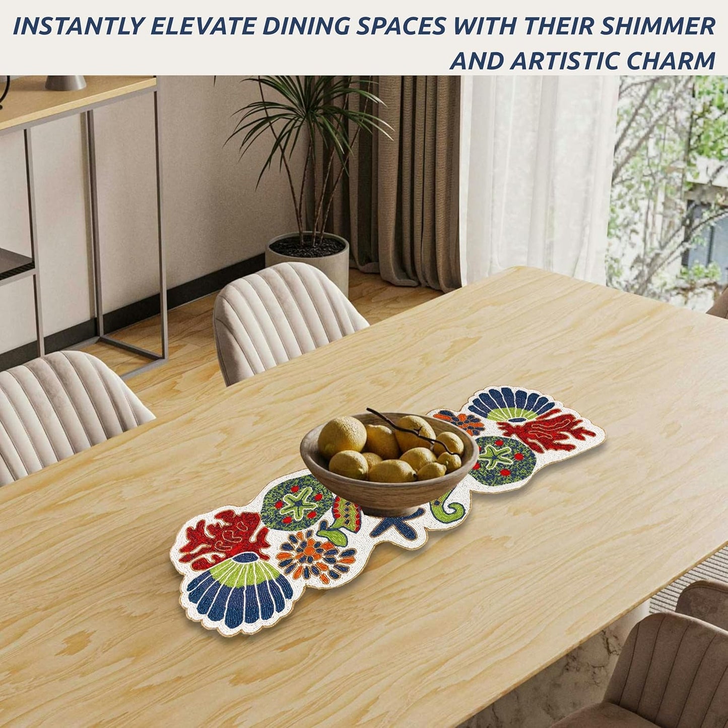 Handmade Beaded Coastal Table Runner -36" Ocean Theme Table Decor with Starfish, Seahorse, Coral, Shells -Nautical Table Centerpiece for Summer, Beach House, or Tropical Décor (Multi) - CLEENTABLE