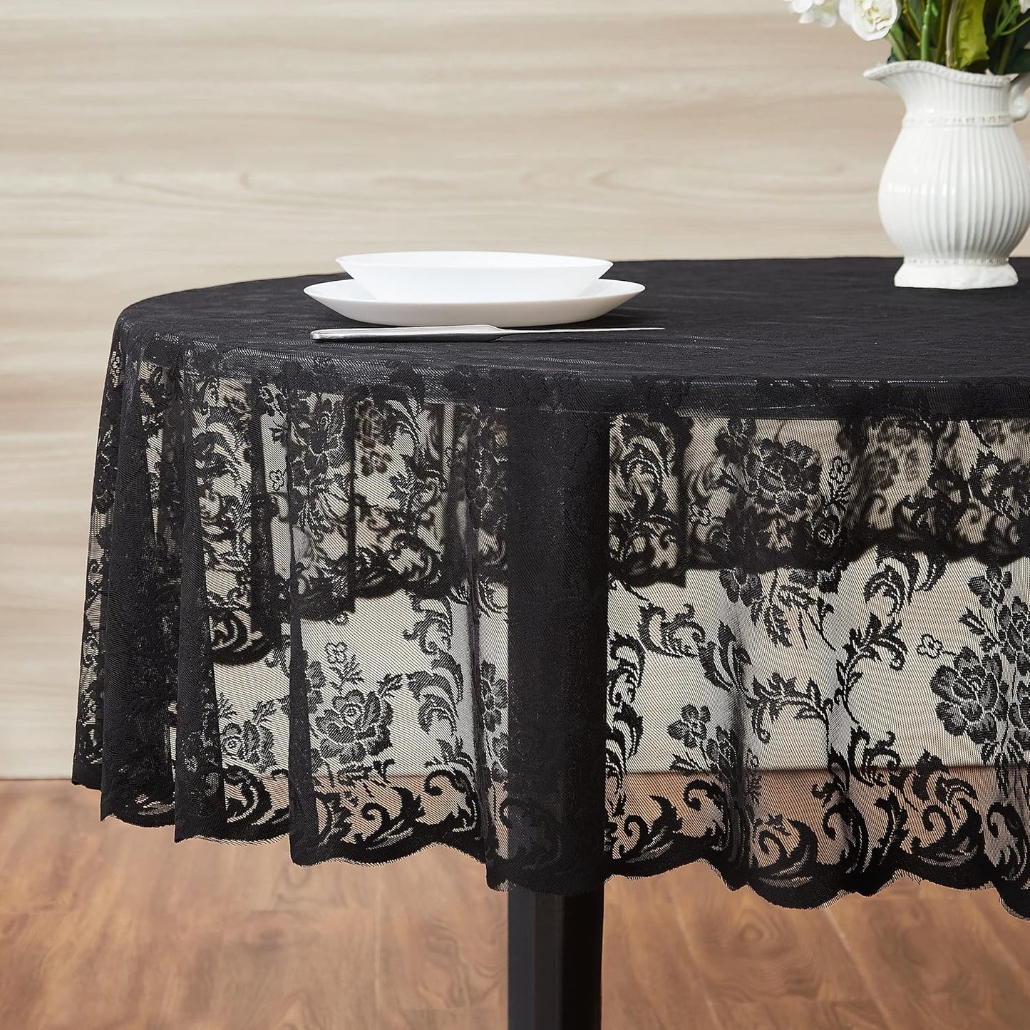 LinenZone Black Round Tablecloth for Rustic Vintage Decor. Sheer Lace Table Cloth Works Great As Wedding Tablecloth or Thanksgiving Table Cover. (Mia 60 Round, Black)