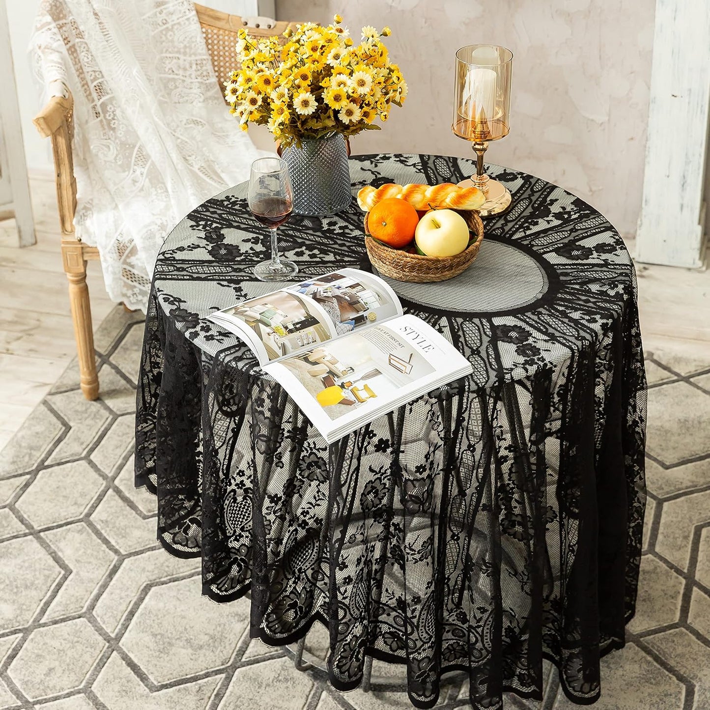 Gorgeous Round Lace Tablecloth,Vintage Floral Embroidered Table Cloths, Chic Round Table Cover for Wedding Banquet HolidayDinner Tables 60INCH (Black)