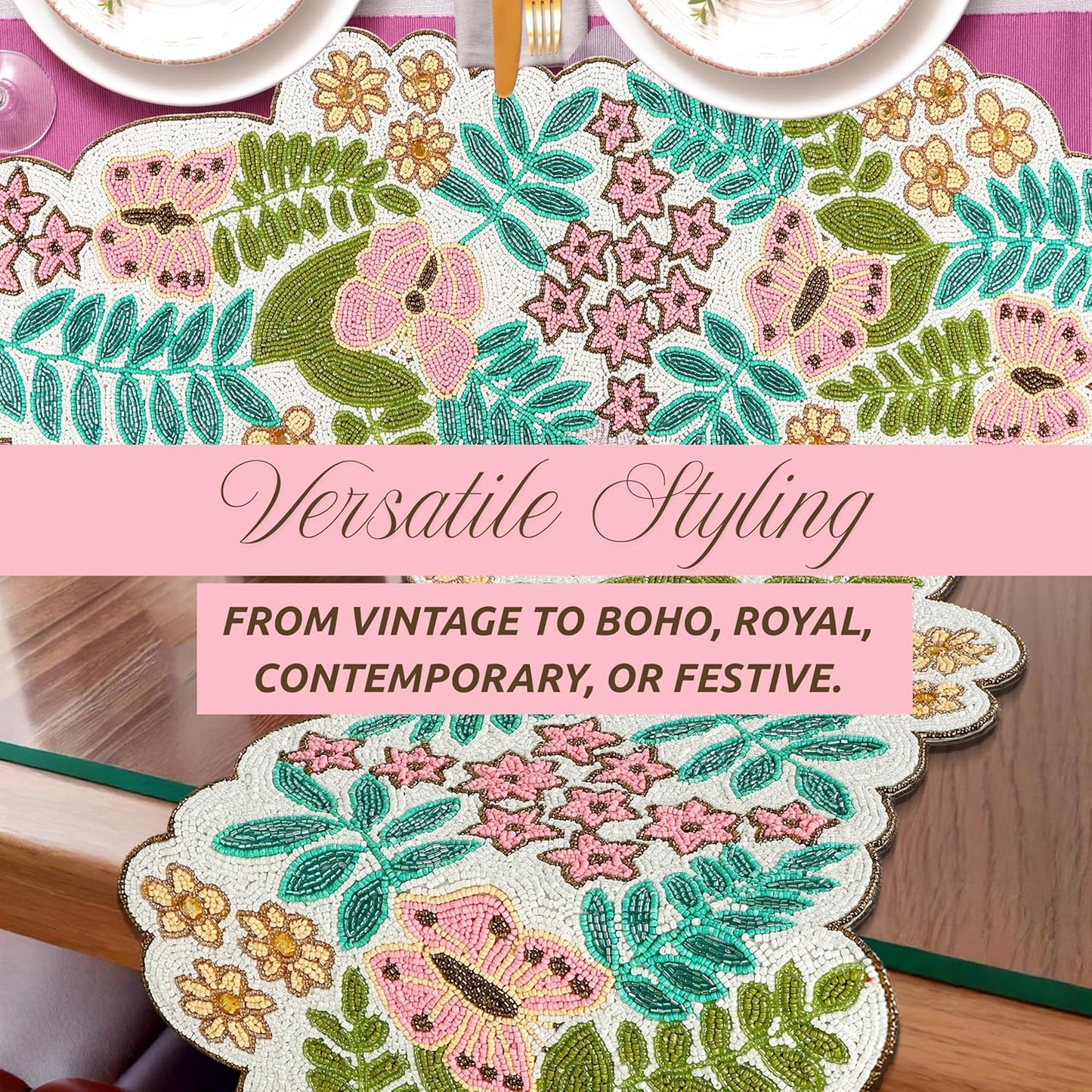 Handmade Beaded Table Runner -35 Inch Spring Floral Runner with Butterflies, Pink Flowers, and Green Leaves -Pastel Table Decor for Easter, Dining Room, Entryway, or Garden Party (Multi) - CLEENTABLE