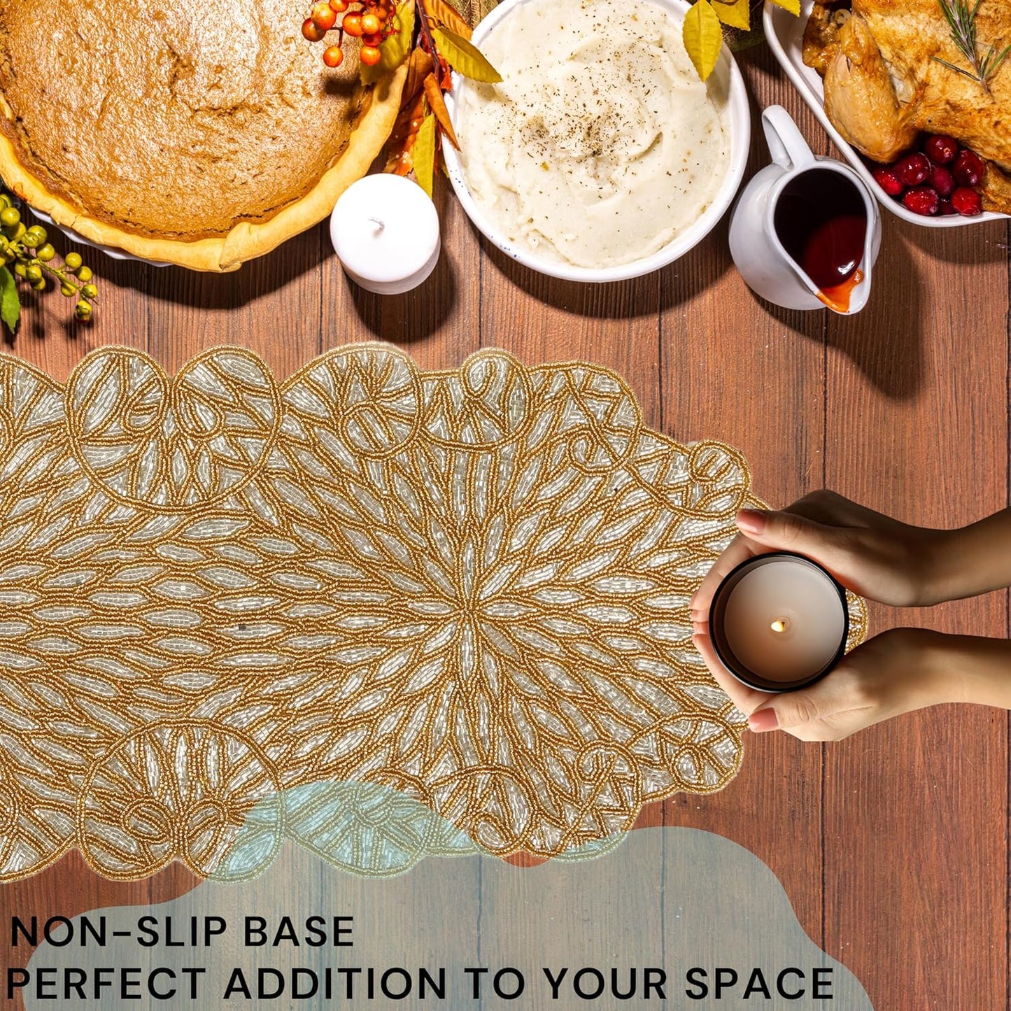 Metallic Bead Table Runner 13x36 Inches - Glass Beaded & Polyester Handcrafted Nautical Decor for Weddings, Christmas & Home Gatherings - Stain Resistant Dining Décor Accent (Gold) - CLEENTABLE