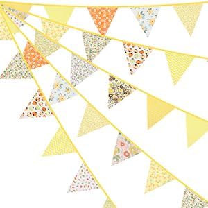 jijAcraft 39Ft Triangle Bunting Banner, 42Pcs Tea Floral Party Bunting Cotton Fabric Flags Pennant Garlands for Birthday Party, Wedding, Baby Shower, Outdoor and Home Decorations (Yellow)