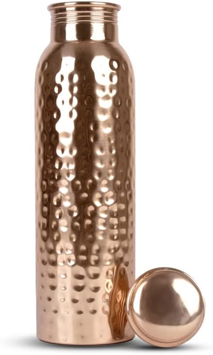 100% Pure Copper Water Bottle - 34 OZ/1 Liter - Handmade Leak Proof Vessel For Drinking With Ayurvedic Health Benefits for Sports Fitness Yoga, Gym, Office, Hiking, Outdoor - Hammered Glossy Finish