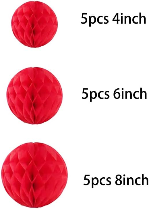 15pcs Honeycomb Balls Decorations 4'' 6'' 8'' Party Honeycomb Ball Flower Tissue Pom Poms Flower Balls Hanging Flower Balls for Party Baby Shower Birthday Wedding Nursery Decor(4'' 6'' 8'' Red)