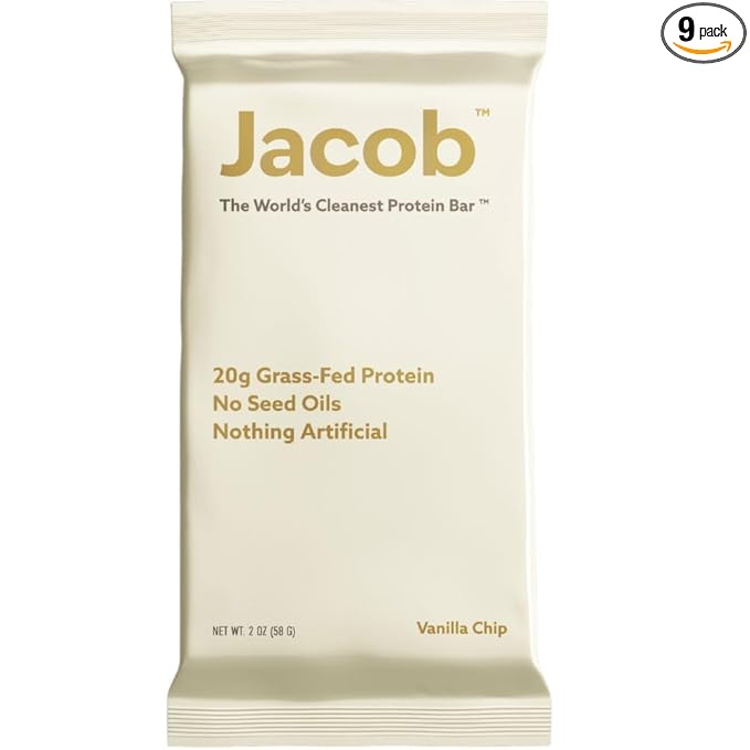 Jacob Bar, Protein Bars, Vanilla (9 Bars Total) - 20g Grass-Fed Protein, No Seed Oils, Nothing Artificial