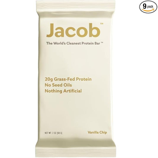 Jacob Bar, Protein Bars, Vanilla (9 Bars Total) - 20g Grass-Fed Protein, No Seed Oils, Nothing Artificial