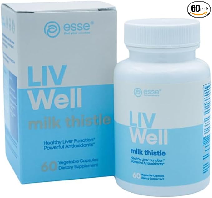ESSE Vegan Milk Thistle Supplement with Sesame and Artichoke Extract - Advanced HPLC Tested for Purity - 80% Silymarin Thistle for Liver Cleanse Detox & Repair Plus Healthy Skin Support, 60 Capsules