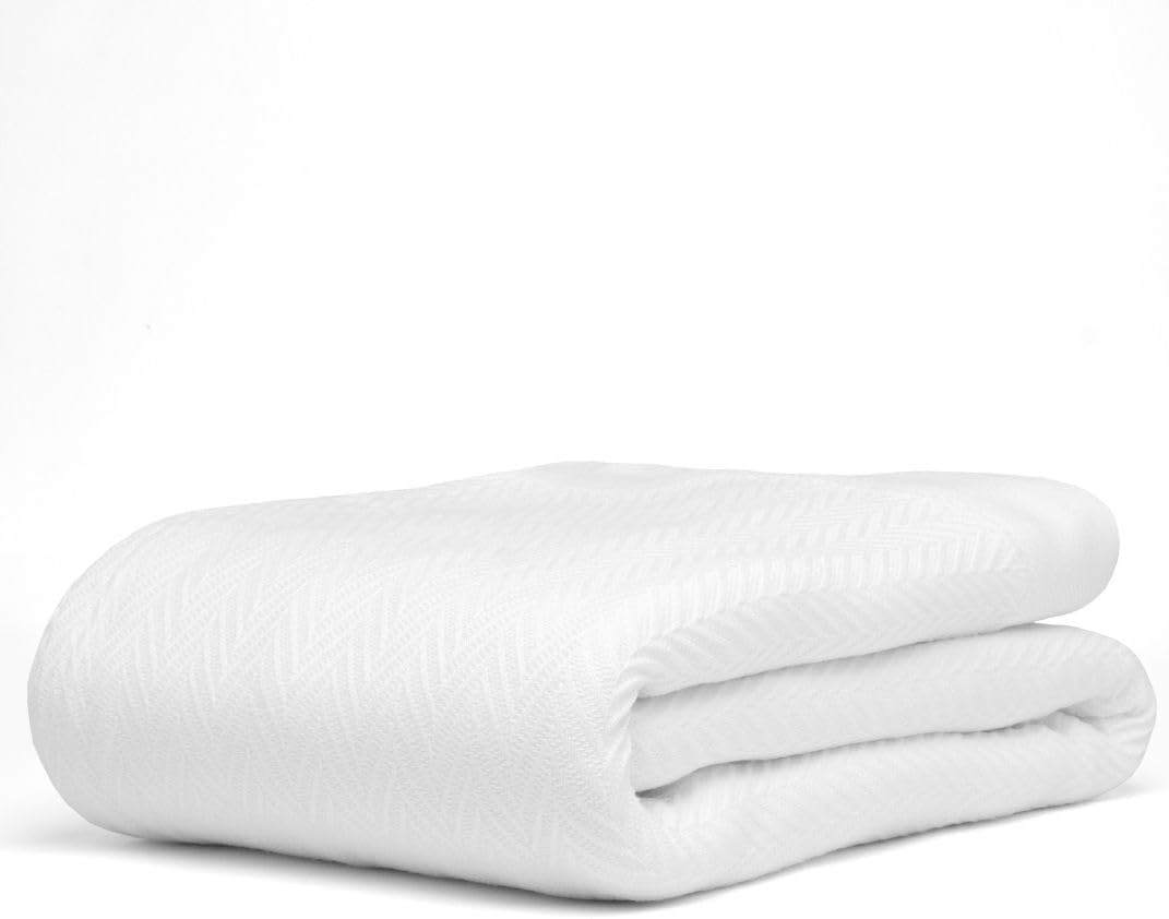 100% Cotton Herringbone Weave Blankets, 66"X90" Twin, Throw Blanket for Bed, All Season Cotton Blanket, Cozy Blanket,Throws & Bed Blanket, Throw Blanket for Couch, Modern Home Decor - White