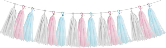Gender Reveal Decorations Blue Pink - 15pcs Tissue Paper Tassel Garland Baby Gender Reveal Party Supplies Gender Reveal Theme Decor Gold Birthday Hanging Decor Ideas HongTongTong