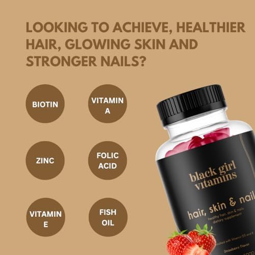 Black Girl Vitamins - Hair, Skin, and Nails Gummies with Biotin (6000 mcg), Zinc, Gelatin Free, Vitamin A, and Vitamin E - Gluten-Free. Made in The USA (Strawberry, 120 Count) 60 Day Supply