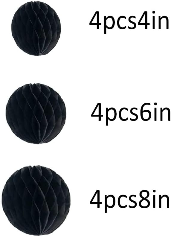 15pcs Honeycomb Balls Decorations 4'' 6'' 8'' Party Honeycomb Ball Flower Tissue Pom Poms Flower Ball Hanging Flower Balls for Baby Shower Birthday Wedding Nursery Decor(4'' 8'' 10'' Black)