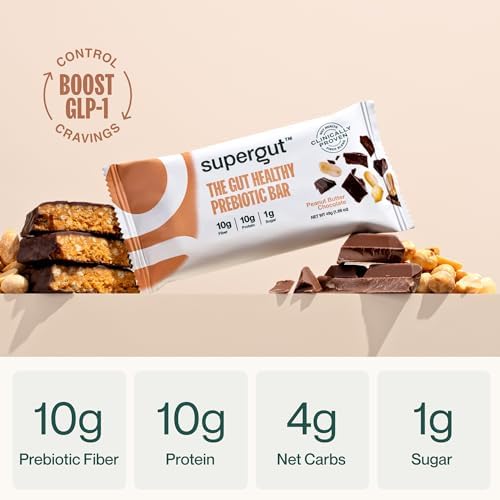 Supergut GLP-1 Boosting Prebiotic Bars, Peanut Butter Chocolate - Gut Healthy Protein Snacks & Breakfast Bars - Keto-Friendly Meal Replacement Energy Bars for Gut Health (2 Pack - 20 Count)