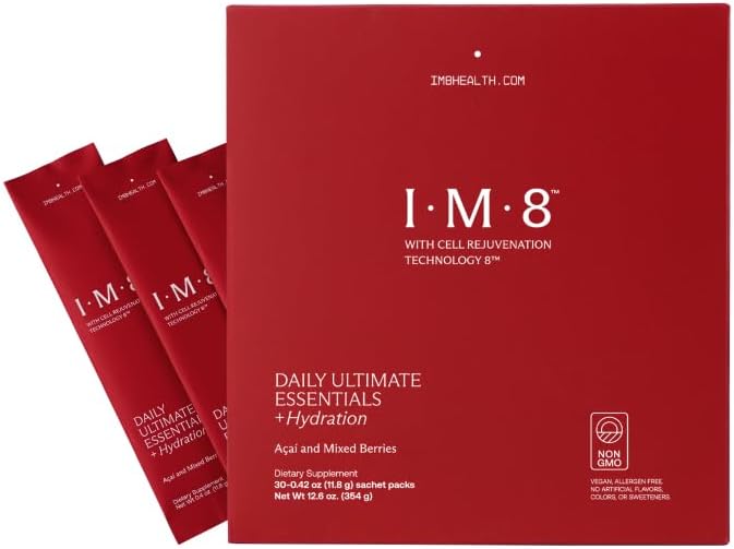 IM8 Daily Ultimate Essentials All-in-One Multivitamin Supplement, 92 Nutrient Rich Ingredients CoQ10, Probiotics, Vitamins, Greens, Gluten Free, Vegan, Acai Mixed Berry (30 Servings, Travel Packs)