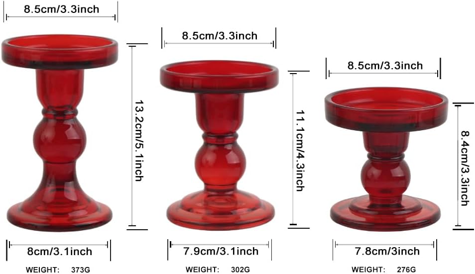 3-Piece Set of Red Glass Candlestick, Crystal Candlestick Holder Holder and Conical Candle, Christmas Candle Holder Decoration, Family Living Room Wedding Candle Holder (red1set)