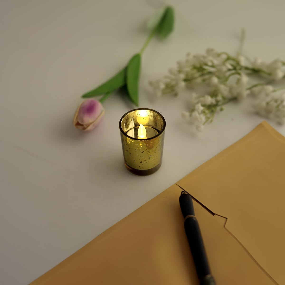 WGV Gold Speckled Tea Light Votive Candle Holder 2.2x2.75, Small Tiny Utility Cylinder Mercury Glass Vase, Home Accent Decor, 1 Pc