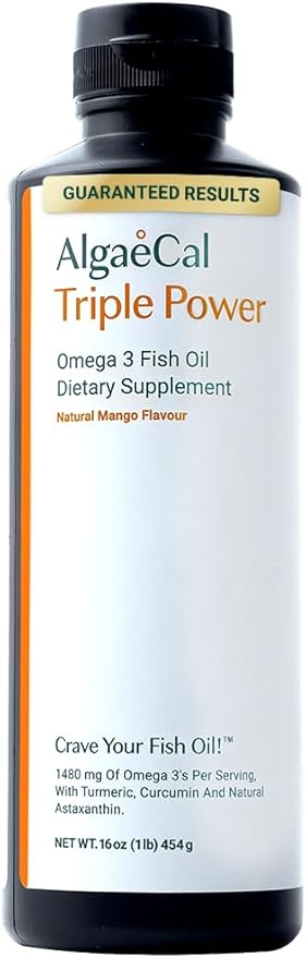ALGAECAL Triple Power 1200mg EPA & DHA Omega 3 Fish Oil Supplement, Supporting Brain, Heart, Skin & Bones, Liquid Emulsion Mango Taste, Burp-Less, Sugar-Free, Made in USA