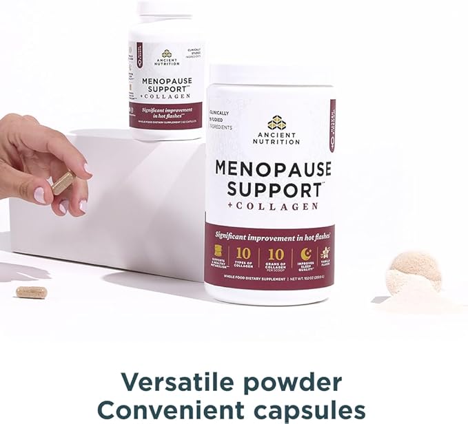 Ancient Nutrition Menopause Support + Collagen Powder, Hydrolyzed Collagen Peptides, Key Clinically Validated Superfoods, Significant Improvement in Hot Flashes and Sleep Quality, Vanilla, 25 Servings