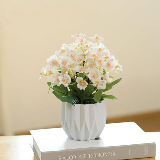 Artificial Flower Arrangement in Modern White Geometric Vase, Decorative Floral (White)