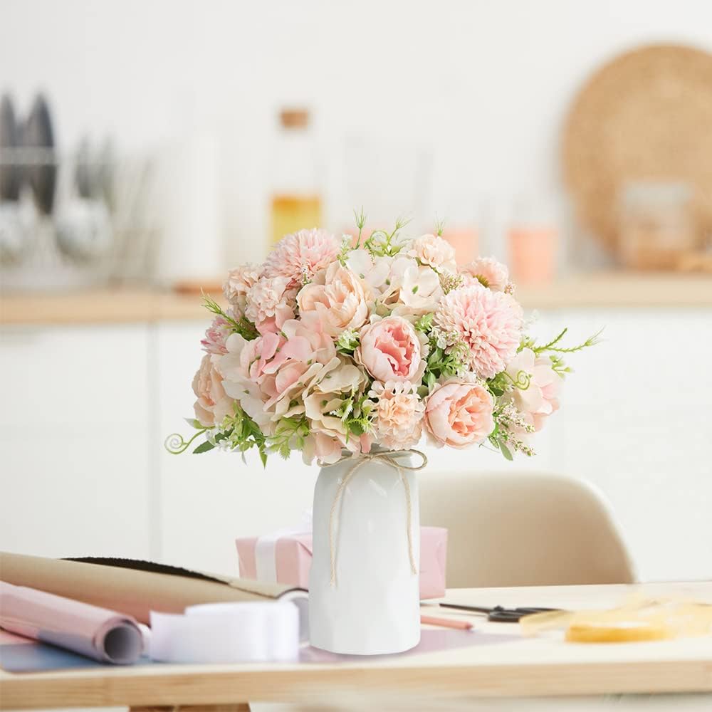 LESING Artificial Peony with Vase Silk Flowers Bouquets Fake Hydrangea Bulks for Home Table Centerpieces Wedding Decoration(Pink-1)
