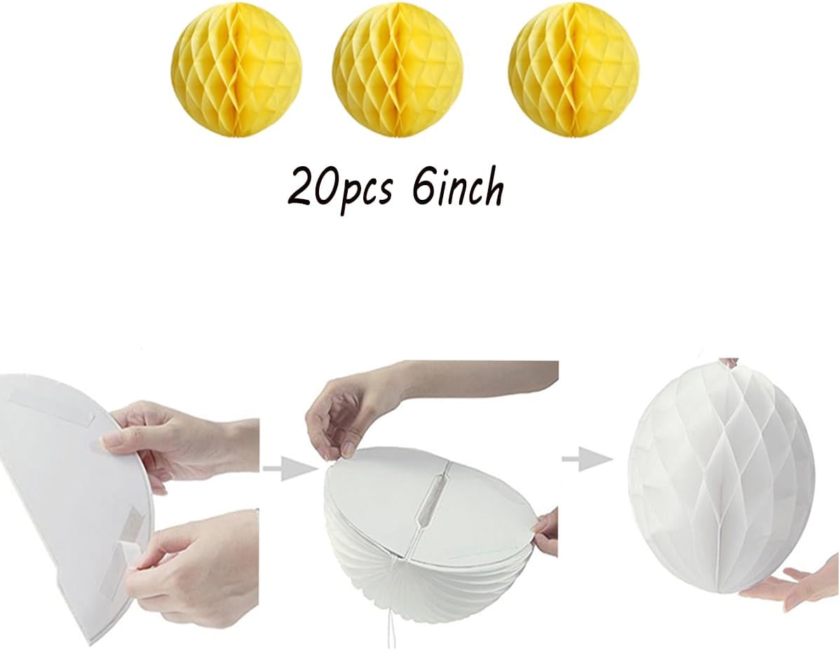 20pcs Honeycomb Flower Balls - Party Decor, Tissue Paper Pom Poms (6inch, Yellow)