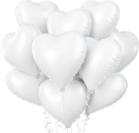 Biapian White Heart Balloons Helium, 10PCS White Foil Heart Shape Balloons Valentines 18inch Metallic White Foil Balloon for Helium Valentine Decorations for White Wedding, Brithday Party, Anniversary