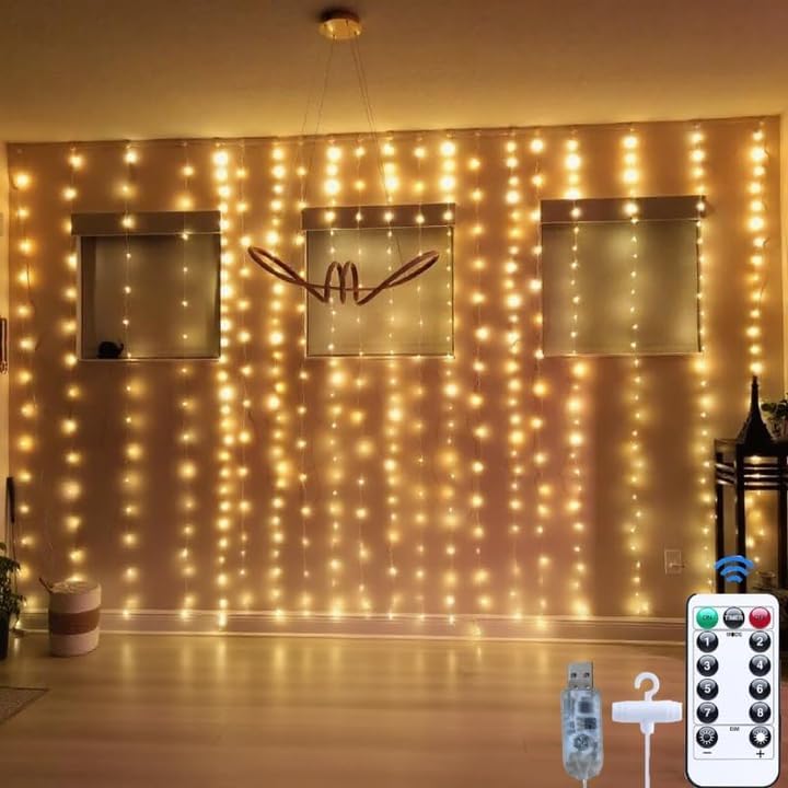 300LED Fairy Curtain Lights, 9.8x9.8Ft Warm White USB Plug in 8 Modes & Timer Christmas String Hanging Lights with Remote for Bedroom Indoor Outdoor Weddings Party Wall Decorations(Warm White)