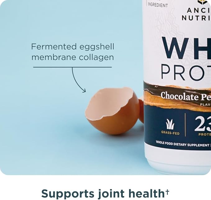 Ancient Nutrition Grass Fed Whey Protein, Chocolate Peanut Butter, 23g Protein, 18 Servings, Hydrolyzed Collagen Peptides, Organic Regenerative A2/A2 Milk Protein