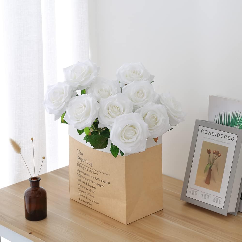 Artificial Rose 10pcs Open Flower Bouquet Faux Rose Stems for Wedding Arrangement, Bridal Bouquet, Centerpiece, Fake Faux Silk Flowers (White)