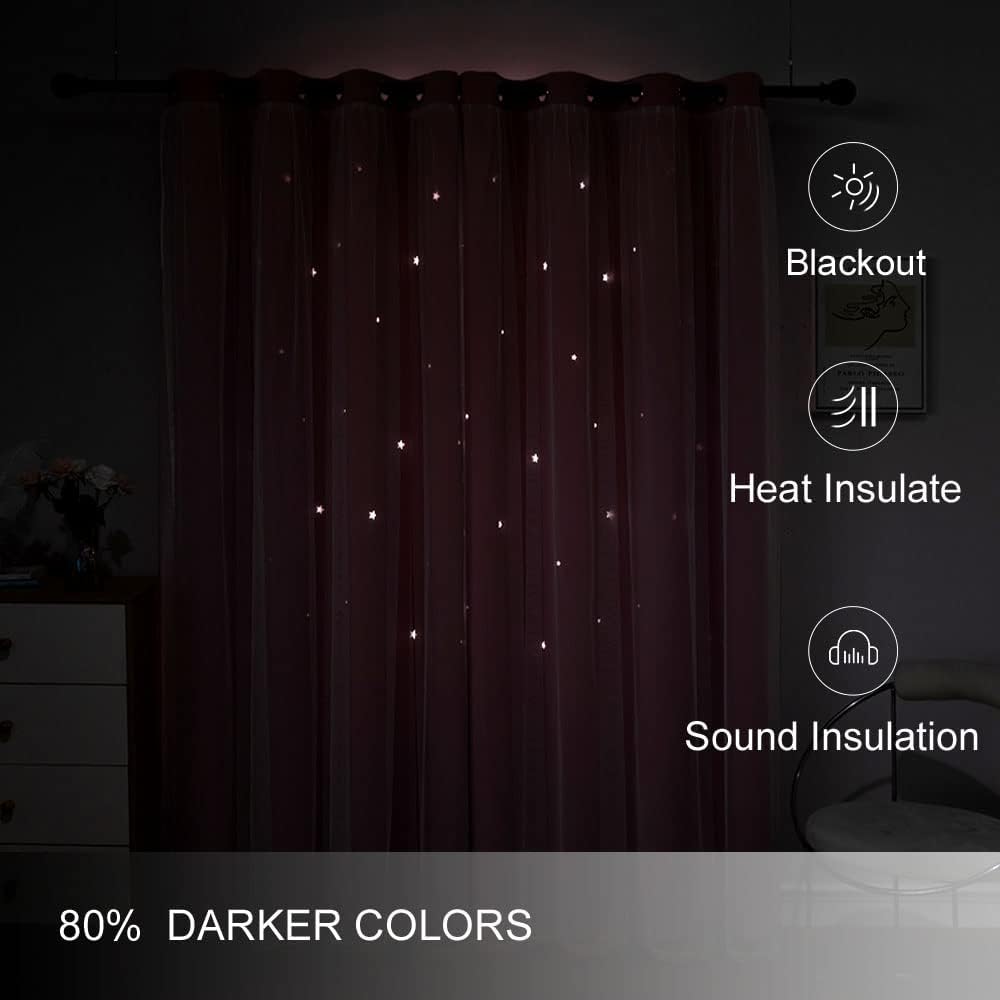 FANLI 2 Panels Star Blackout Curtains for Kid Girls Bedroom Living Room Darking Stripe Double Layer Star Cut Out Wall Home Decor Gradient Grommet Window Curtains (Pink 72L)