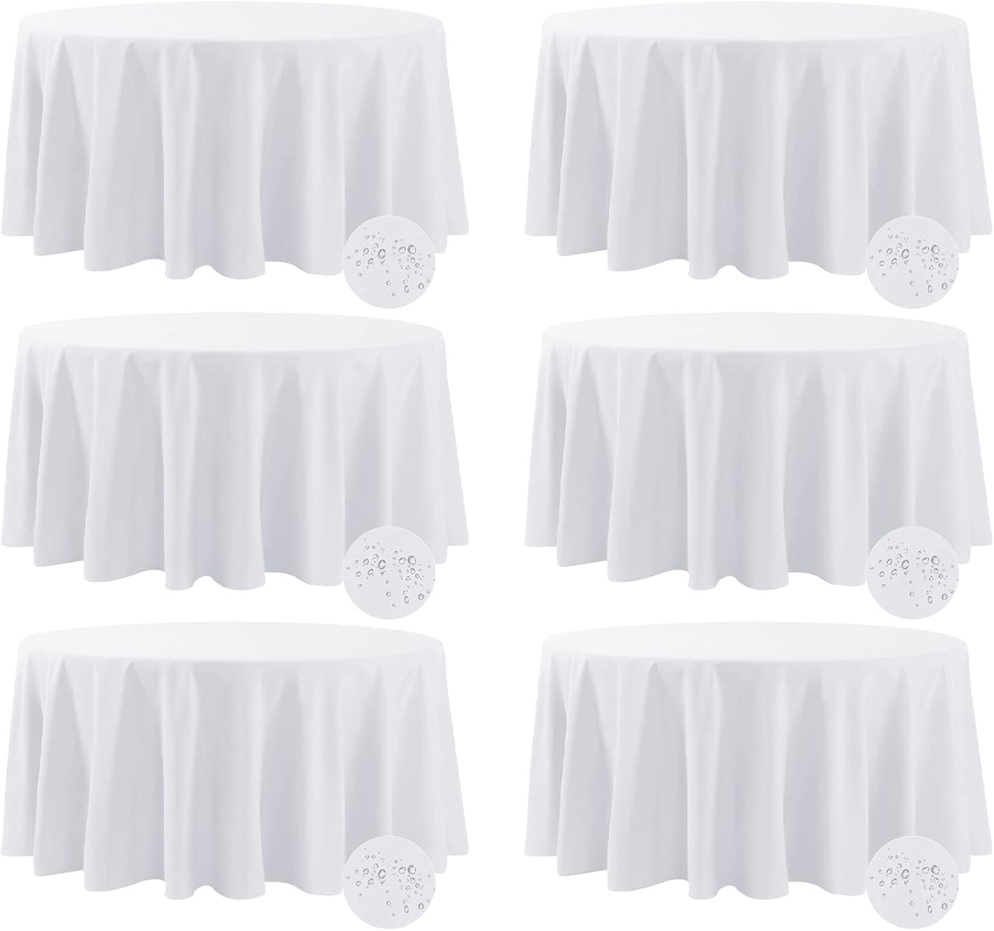 Fokitut 6 Pack Waterproof Round Tablecloth, 108 Inch, Stain Resistant and Wrinkle Polyester Table Cloth, Fabric Table Cover for Kitchen Dining, Wedding, Party, Holiday Dinner-White
