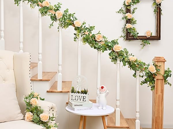 Dolicer 4Pcs 26Ft Artificial Eucalyptus Garlands with Flowers - 8 Roses, Faux Floral Greenery Garlands Fake Flowers Vines for Wedding Table Centerpieces Arch Party Ceremony Backdrop Decor (Champagne)