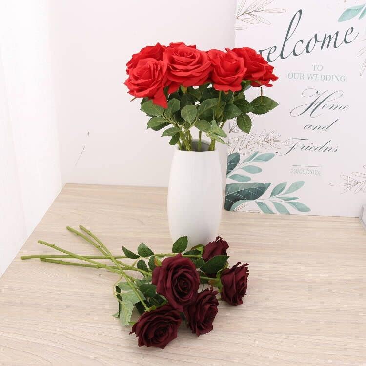 Artificial Rose 10pcs Red Silk Flower Faux Artificial Roses with Long Stems for Wedding Arrangement, Bridal Bouquet, Centerpiece, Fake Faux Silk Flowers
