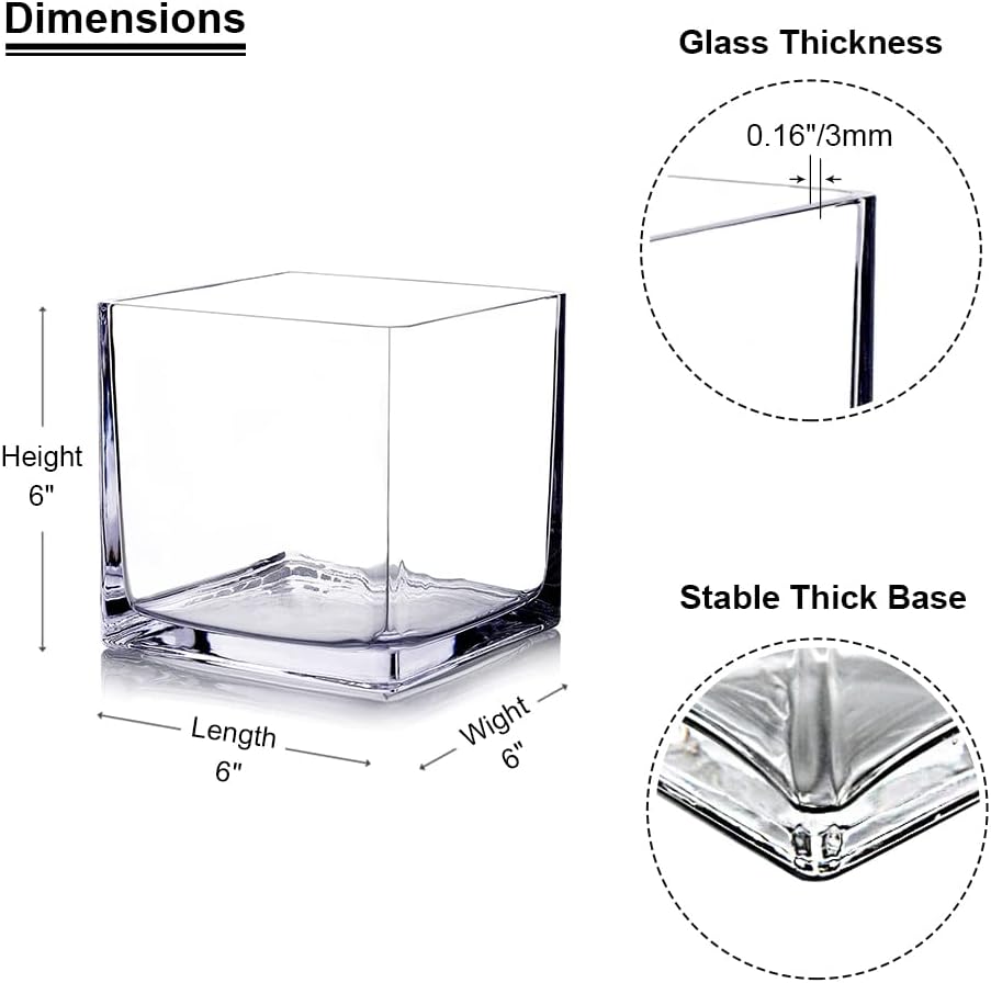 Enova Floral Set of 4 Cube Glass Vase, 6x6X6 Inch Glass Vase for Flowers Planter, Clear Square Glass Vases, Floating Candle Holders, Table Decorative Vase for Wedding Centerpieces, Home Office Décor