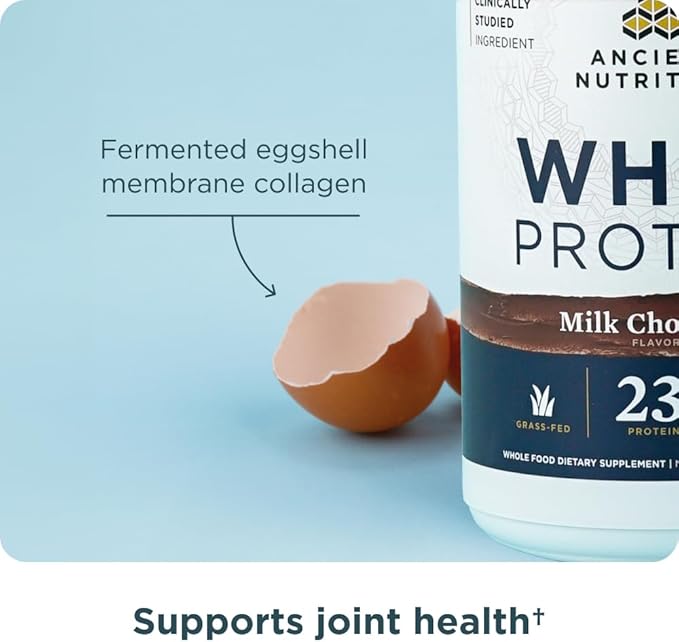 Ancient Nutrition Grass Fed Whey Protein, Milk Chocolate, 23g Protein, 20 Servings, Hydrolyzed Collagen Peptides, Organic Regenerative A2/A2 Milk Protein