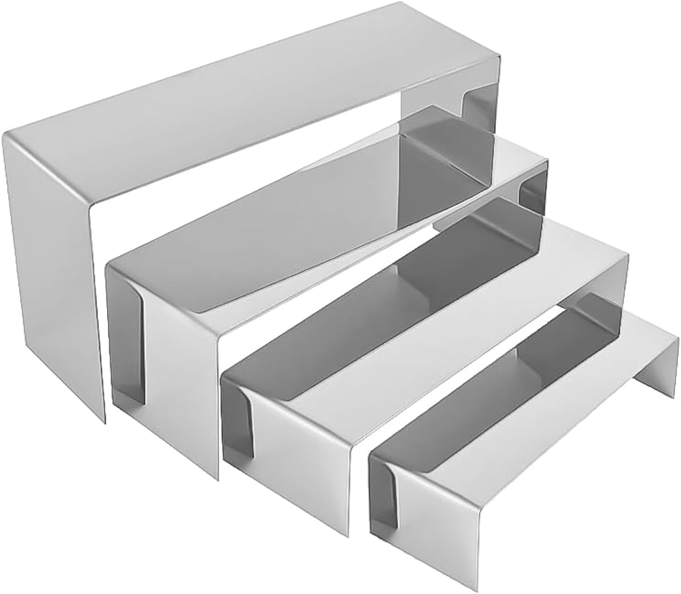 4 Pcs Silver Stainless Steel Display Risers, Display Stand for Display Cupcake Dessert Perfume Purse Handbag Shoe Jewelry and Funko Pop