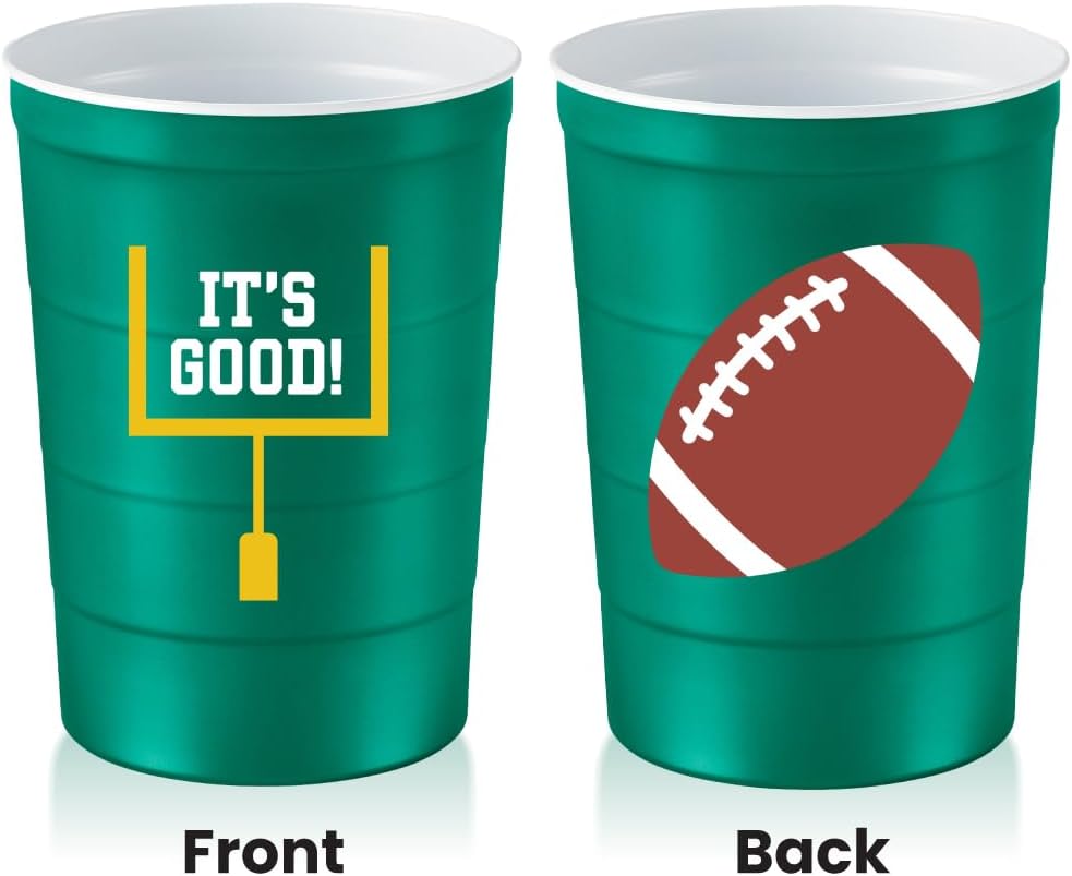 16 oz. Party Cup Football 'It's Good' Goal Post Design for Cold Drinks, Durable, Disposable, Recyclable, Made in USA, Green 12 Count
