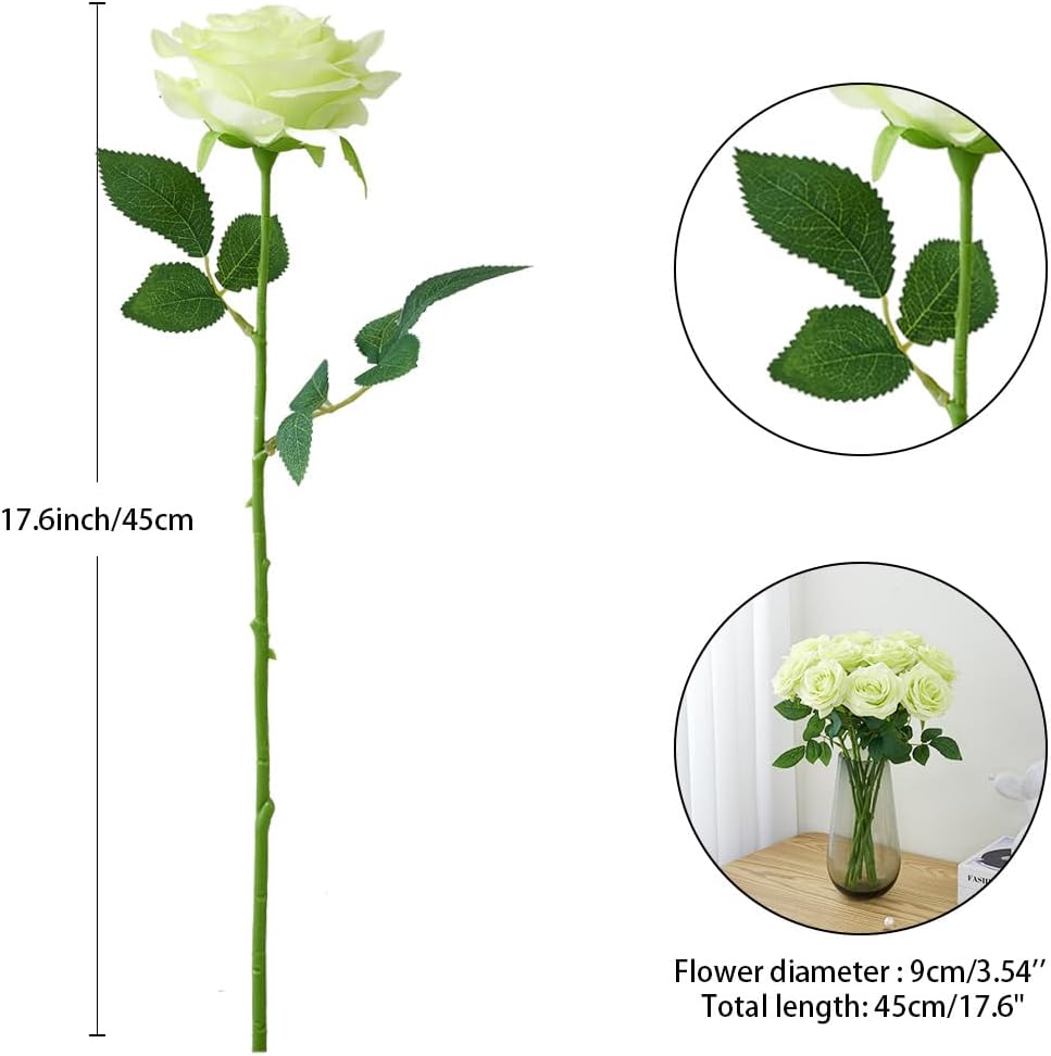 Artificial Rose 10pcs Open Flower Bouquet Faux Rose Stems for Wedding Arrangement, Bridal Bouquet, Centerpiece, Fake Faux Silk Flowers (Pale Green)