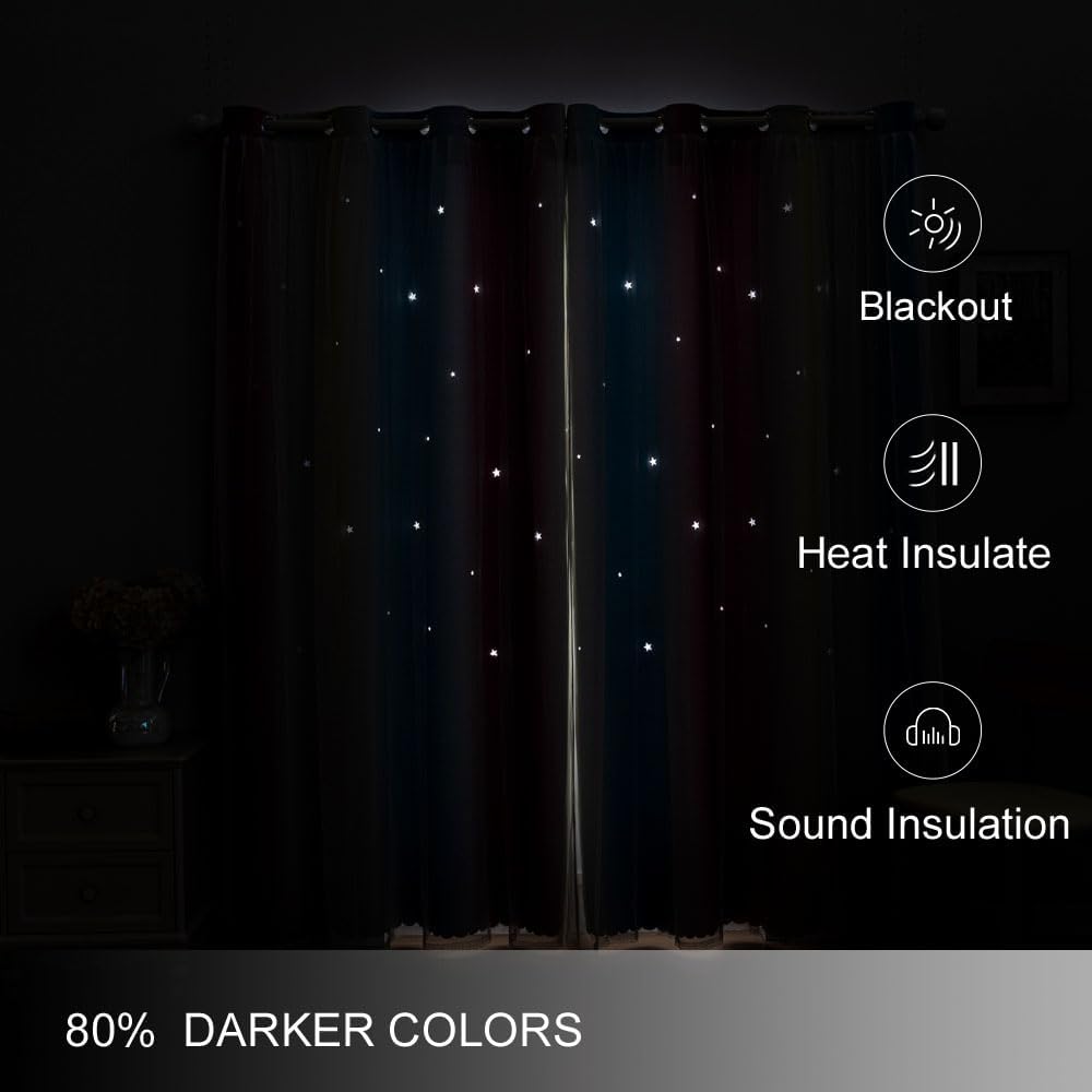 FANLI Ombre Rainbow Blackout Curtains for Kid Girls Bedroom Living Room Darking Stripe Double Layer Star Cut Out Wall Home Decor Gradient Grommet Window Curtains （Blue Purple 52Wx63L）
