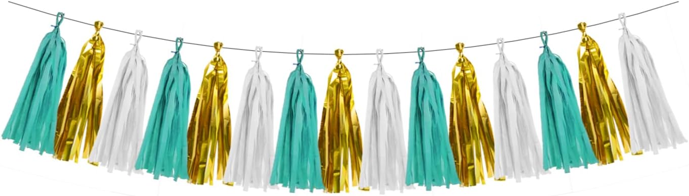 White Gold Teal Party Decorations – 15Pcs Tissue Paper Tassel Garland for Women BirthdayDecoration Wedding Baby Shower Bridal Shower Bachelorette Engagement HongTongTong