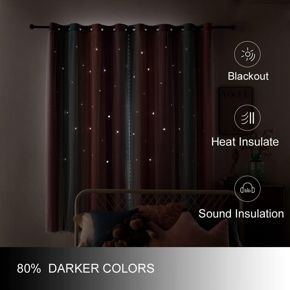 FANLI Ombre Rainbow Blackout Curtains for Kid Girls Bedroom Living Room Darking Stripe Double Layer Star Cut Out Wall Home Decor Gradient Grommet Window Curtains (Pink Purple, 52W x 63L)