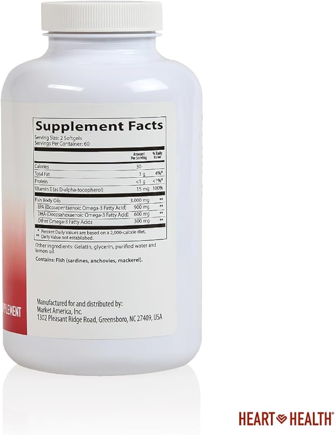 Heart Health Essential Omega 3 Fish Oil with Vitamin E - High Potency Omega 3 Fish Oil Supplement with EPA & DHA - Burpless Softgels from Sardines & Anchovies - Non-GMO, Gluten Free - 60 Servings
