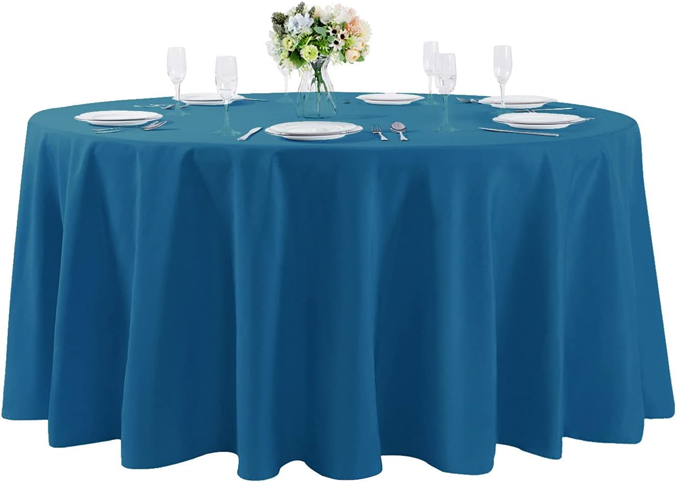 132 inch Round Tablecloth Washable Polyester Table Cloth Decorative Table Cover for Wedding Party Dining Banquet（132 inch, Mediterranean Blue）