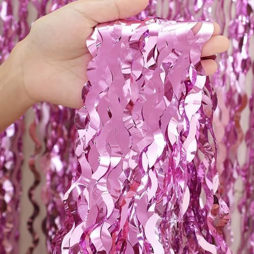 Pink Foil Fringe Curtain - Wavy Fringe Backdrop 3.3 x 6.6 Feet, Pack of 3 | Pink Streamers Party Decorations Birthday Decorations Valentine's Day Decoration Party Supplies