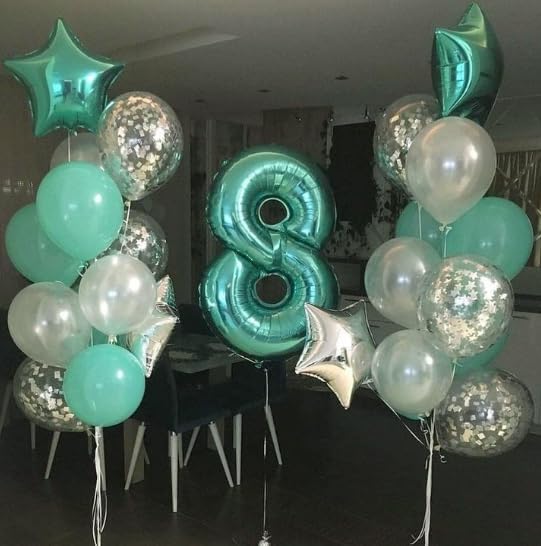 Teal Blue Foil Number 8 Balloon 40 Inch, Helium Mylar Eight Number 8 18 28 38 48 58 80 88 Birthday Balloons, 8th Teal Blue Women Men Wedding Anniversary, Graduations Party Supplies