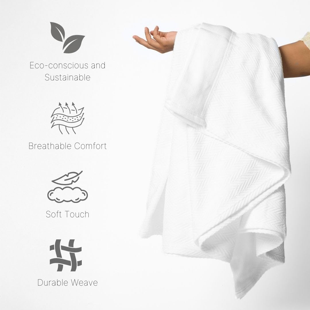 100% Cotton Herringbone Weave Blankets, 66"X90" Twin, Throw Blanket for Bed, All Season Cotton Blanket, Cozy Blanket,Throws & Bed Blanket, Throw Blanket for Couch, Modern Home Decor - White