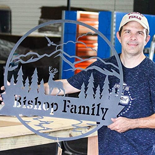 RealSteel Personalized Outdoor Metal Sign, Customize the Great Outdoor Deer & Mountain Monogram, Rustic Cabin, Lodge, or Home Décor, Laser Cut Steel Wall Art, Family Gifts